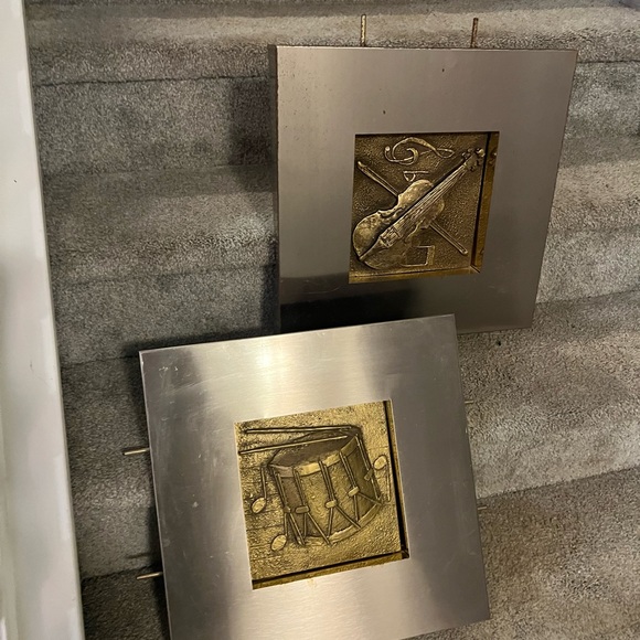 Vintage Curtis Jere Abstract Mixed Metal Wall Sculpture set of 2 Violin & Drum - Picture 7 of 16